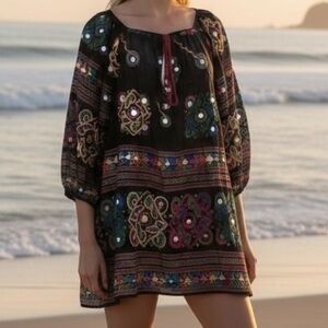 NEW Juliet Dunn London Embroidered Mini Kaftan beach resort vacay dress Blk S